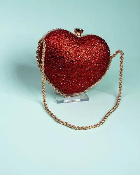 Crystal Heart Clutch with Chain, Red