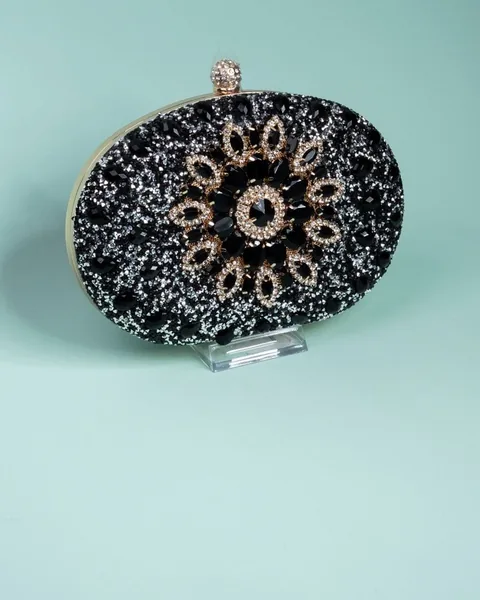 Embellished Oval Clutch, Black and Gold