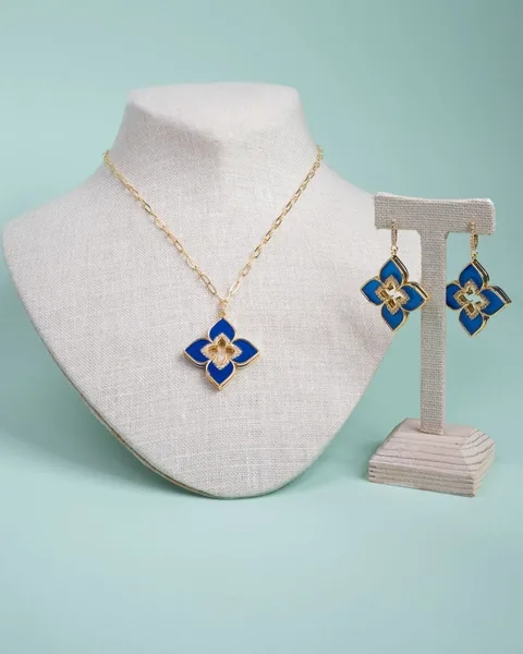 Enamel Clover Pendant Set, Blue