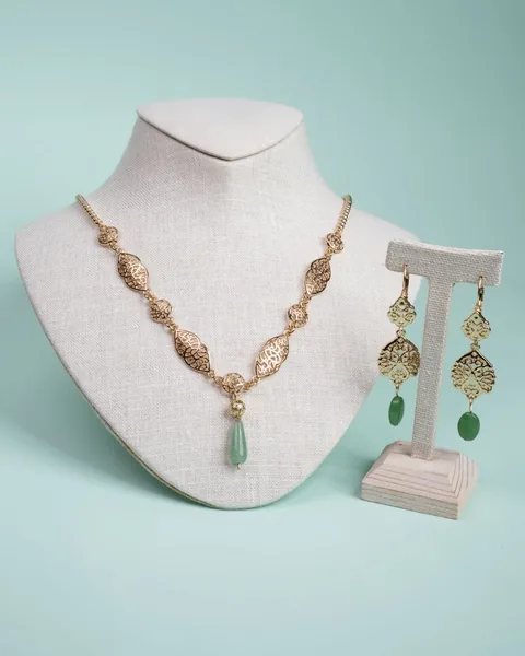 Filigree Pendant Set, Green Drops